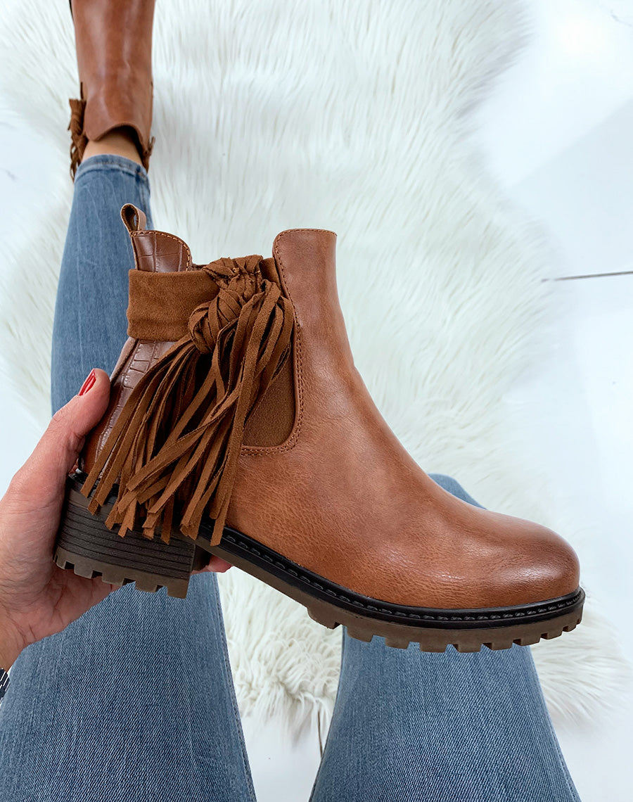 Chelsea boots camel bi-matière à frange