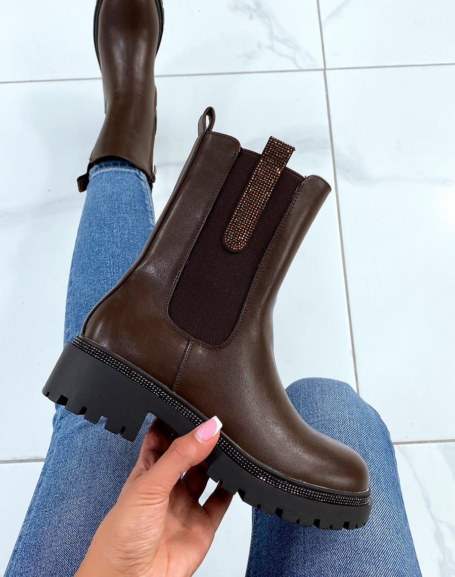 Chelsea boots marrons à détails à strass