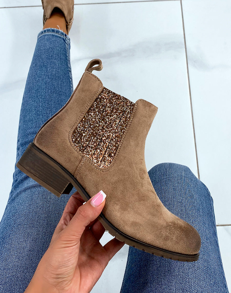 Chelsea boots marrons à paillettes dorées et bronze