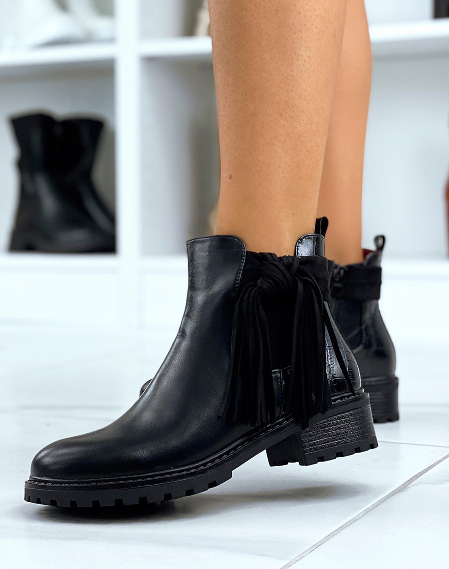 Chelsea boots noires bi-matière à frange
