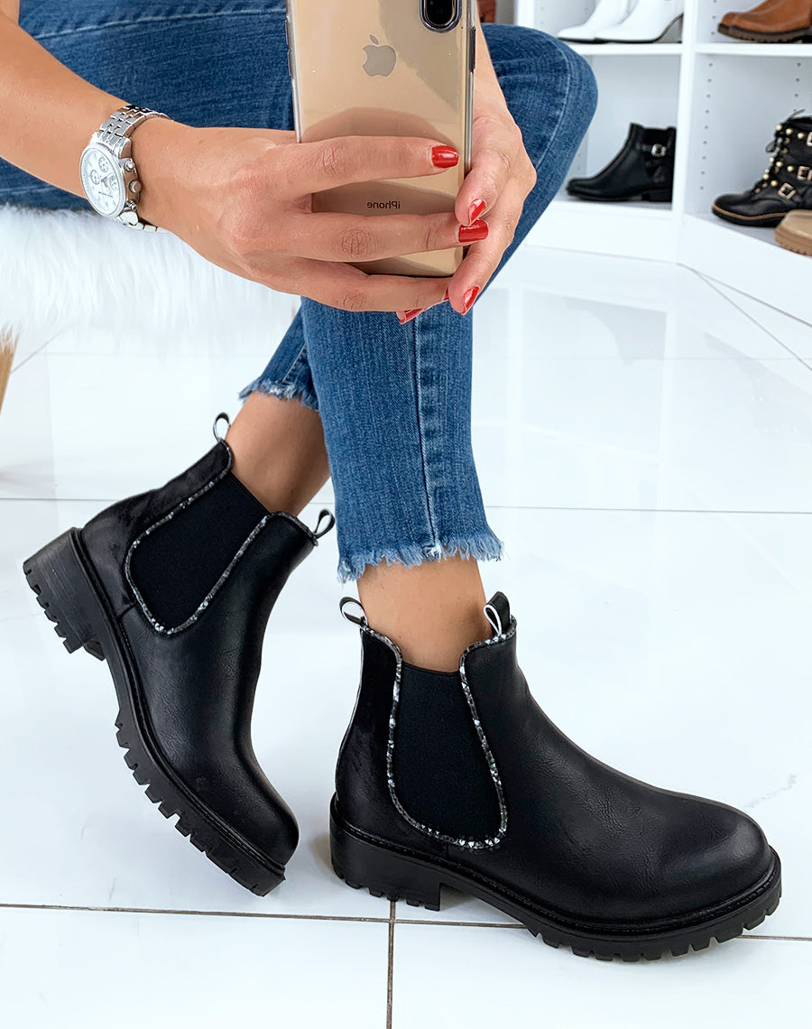 Chelsea boots noires bi-matières à détails effet python