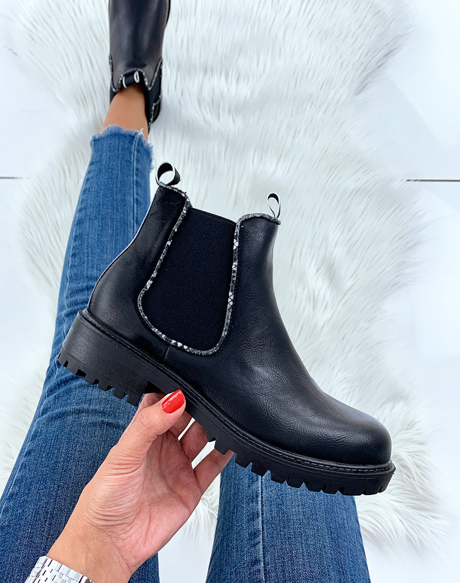 Chelsea boots noires bi-matières à détails effet python