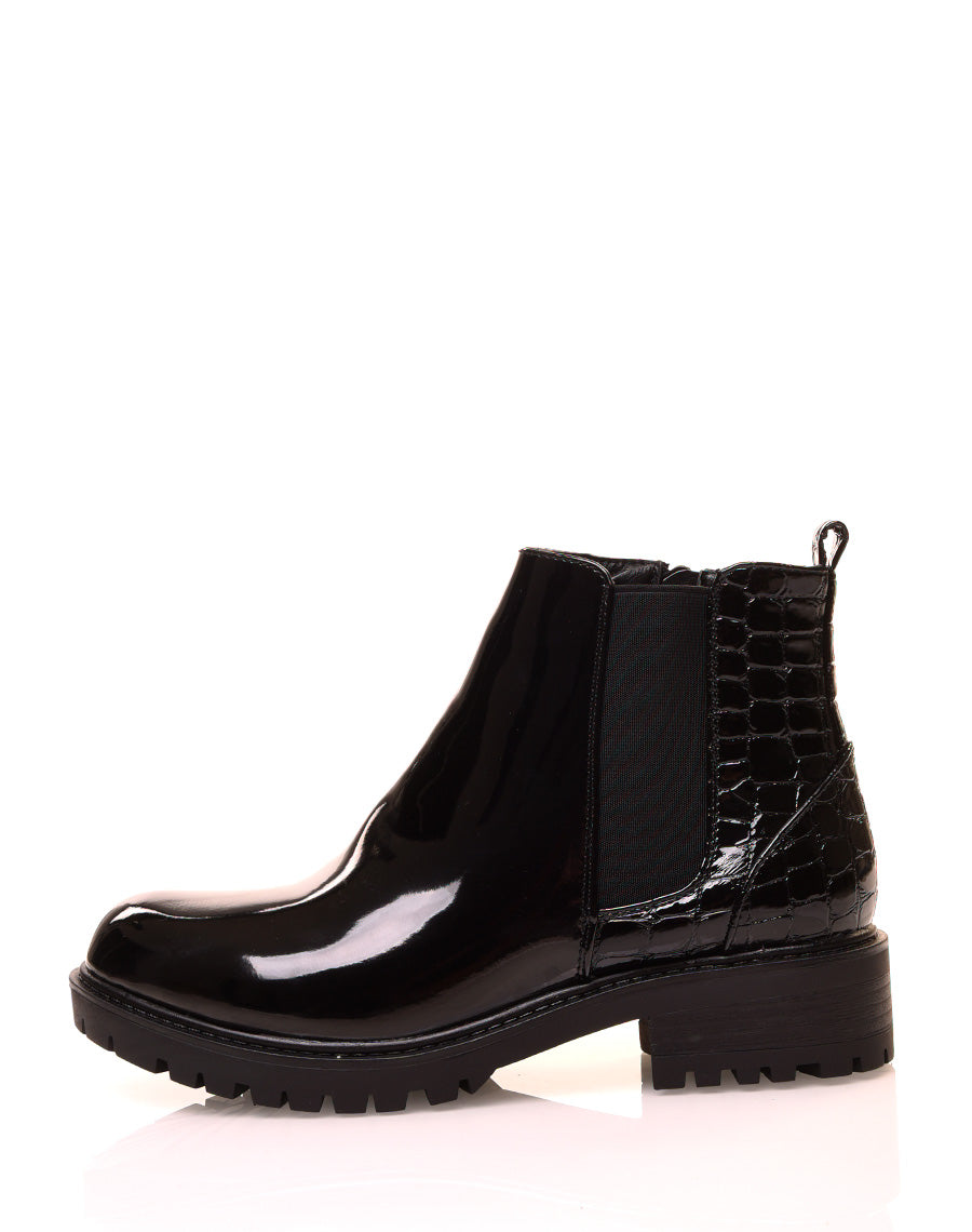 Chelsea boots noires bi-matières effet croco