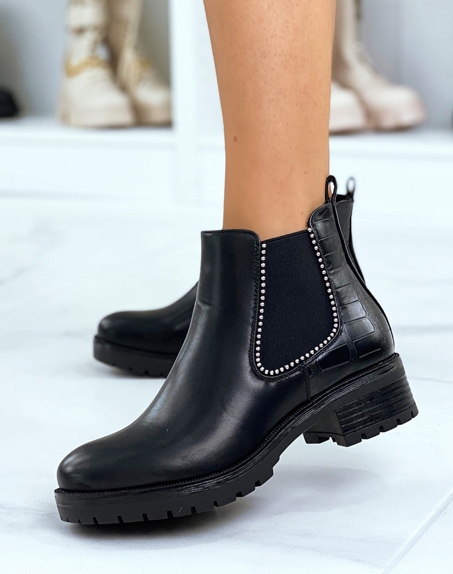 Chelsea boots noires effet croco talonnées à petits clous argentés