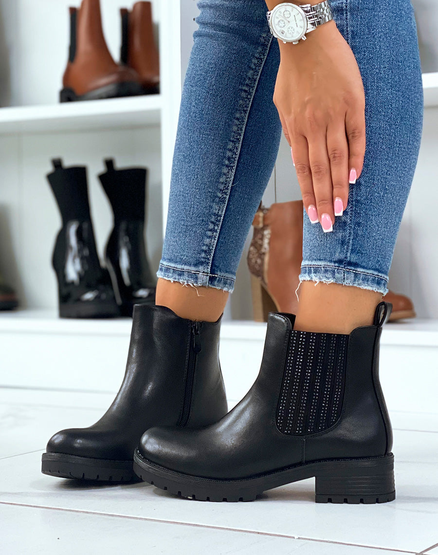 Chelsea boots noires à élastique à strass