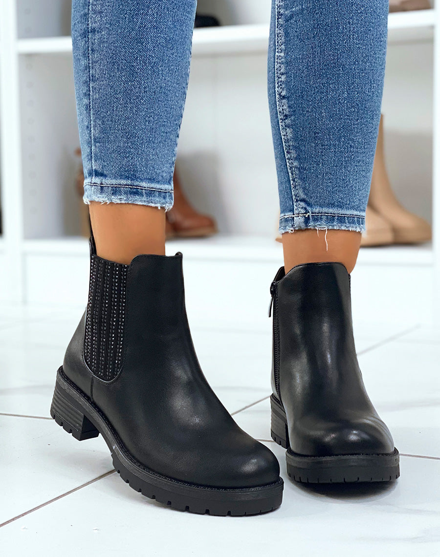 Chelsea boots noires à élastique à strass