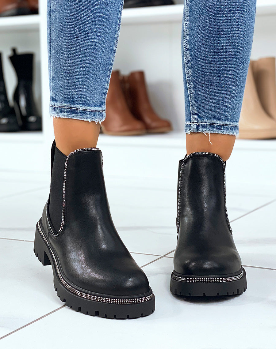Chelsea boots noires à liserés à strass argentés