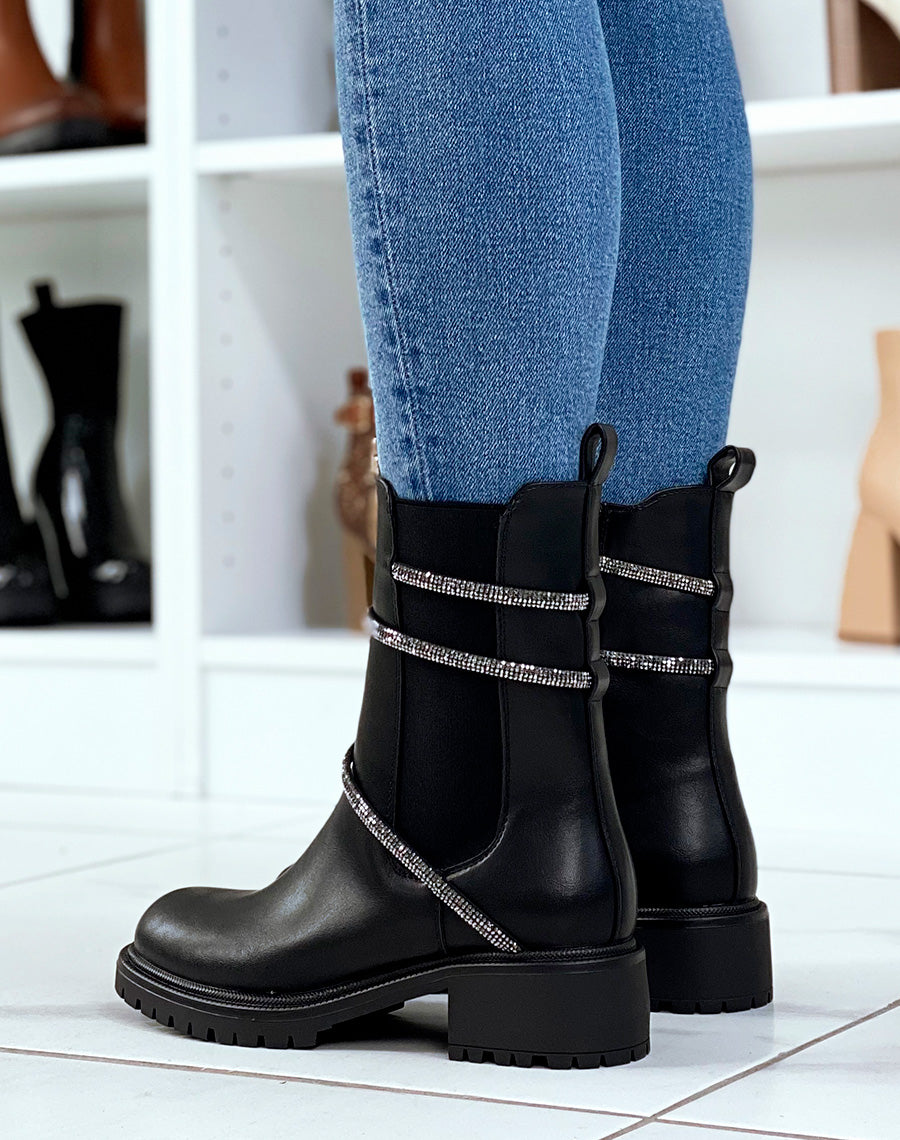 Chelsea boots noires à liseré à strass