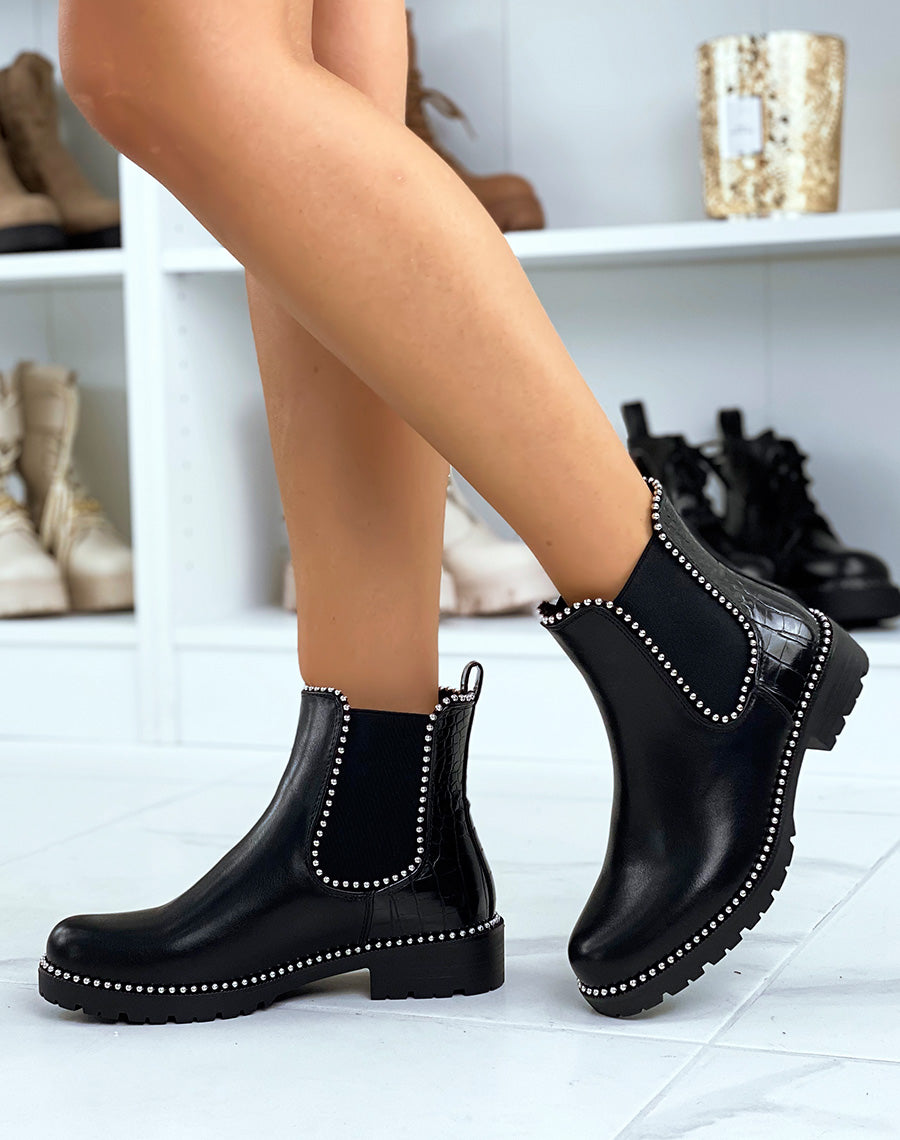 Chelsea boots noires à multiples clous argentés et arrière effet croco