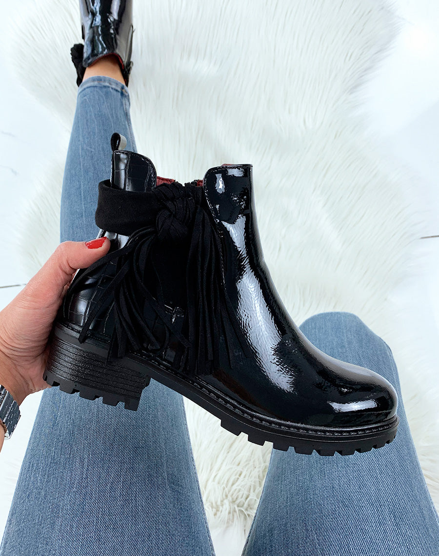 Chelsea boots noires vernies bi-matière à frange