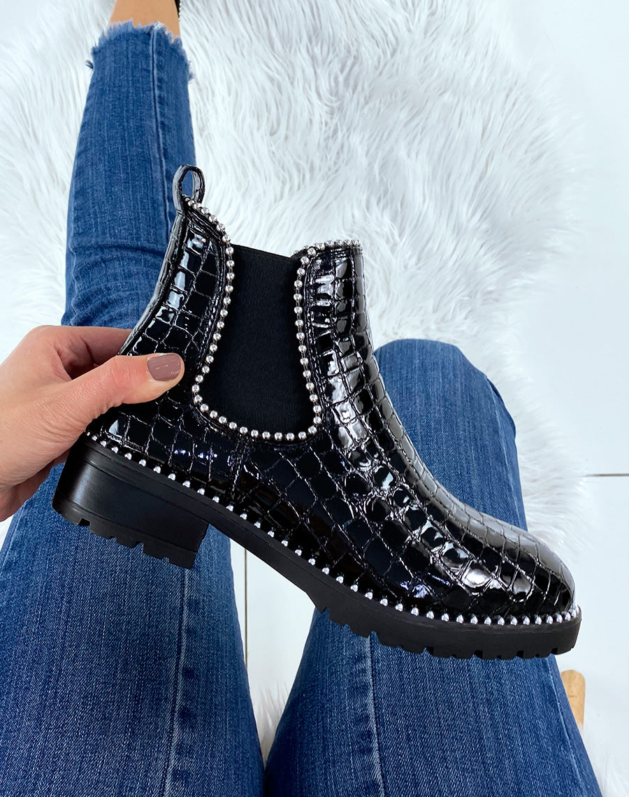 Chelsea boots noires vernies effet croco