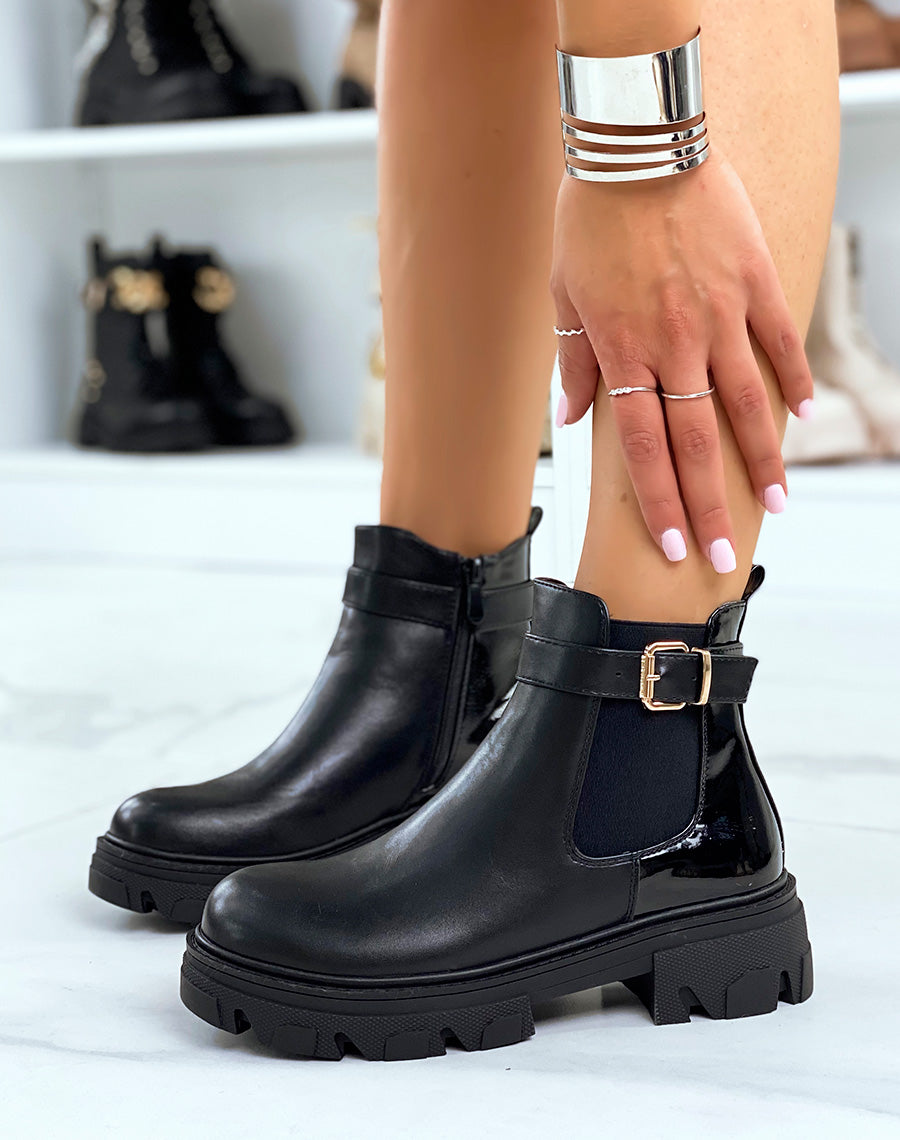 Chelsea noires bi-matière à sangle dorée et semelle talonnée crantée