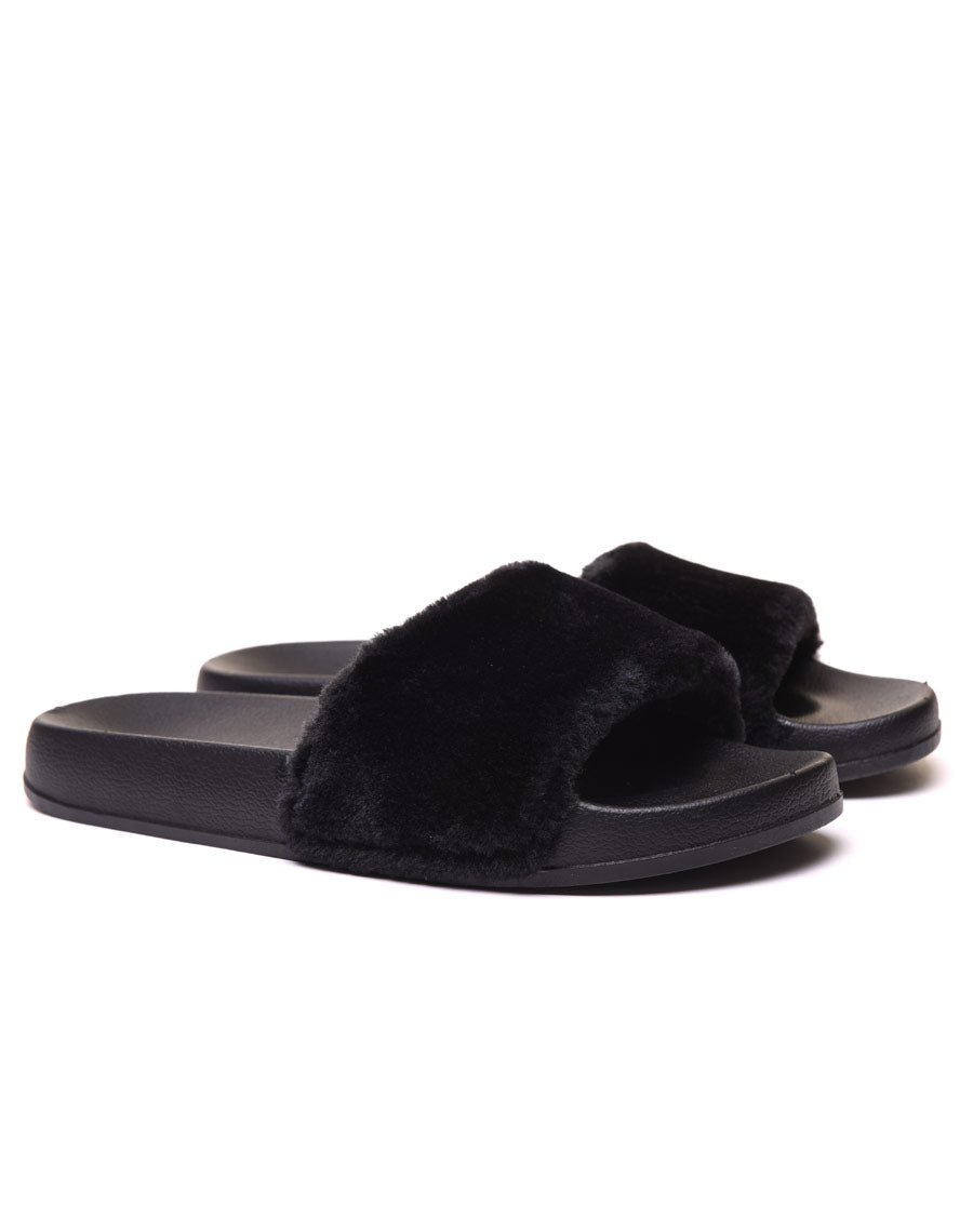 Claquettes noires à fourrure 