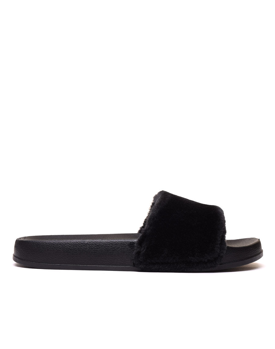 Claquettes noires à fourrure 