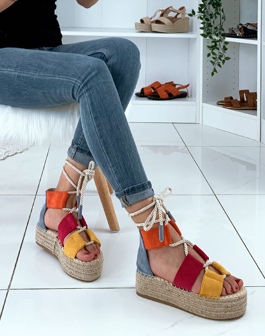 Compensées à bandes multicolore jaunes en suédine