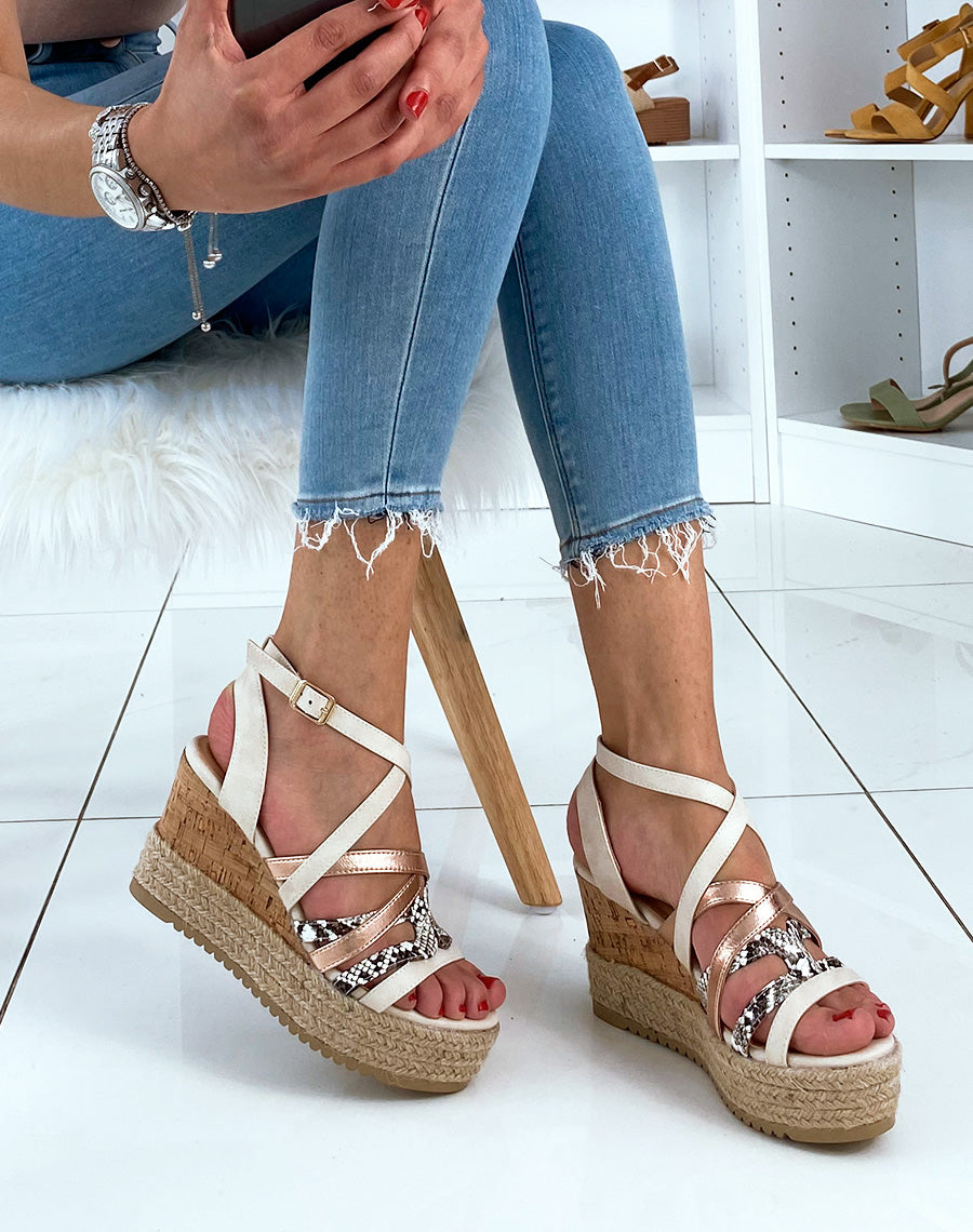 Compensées bi-matières beiges effet python et cuivre