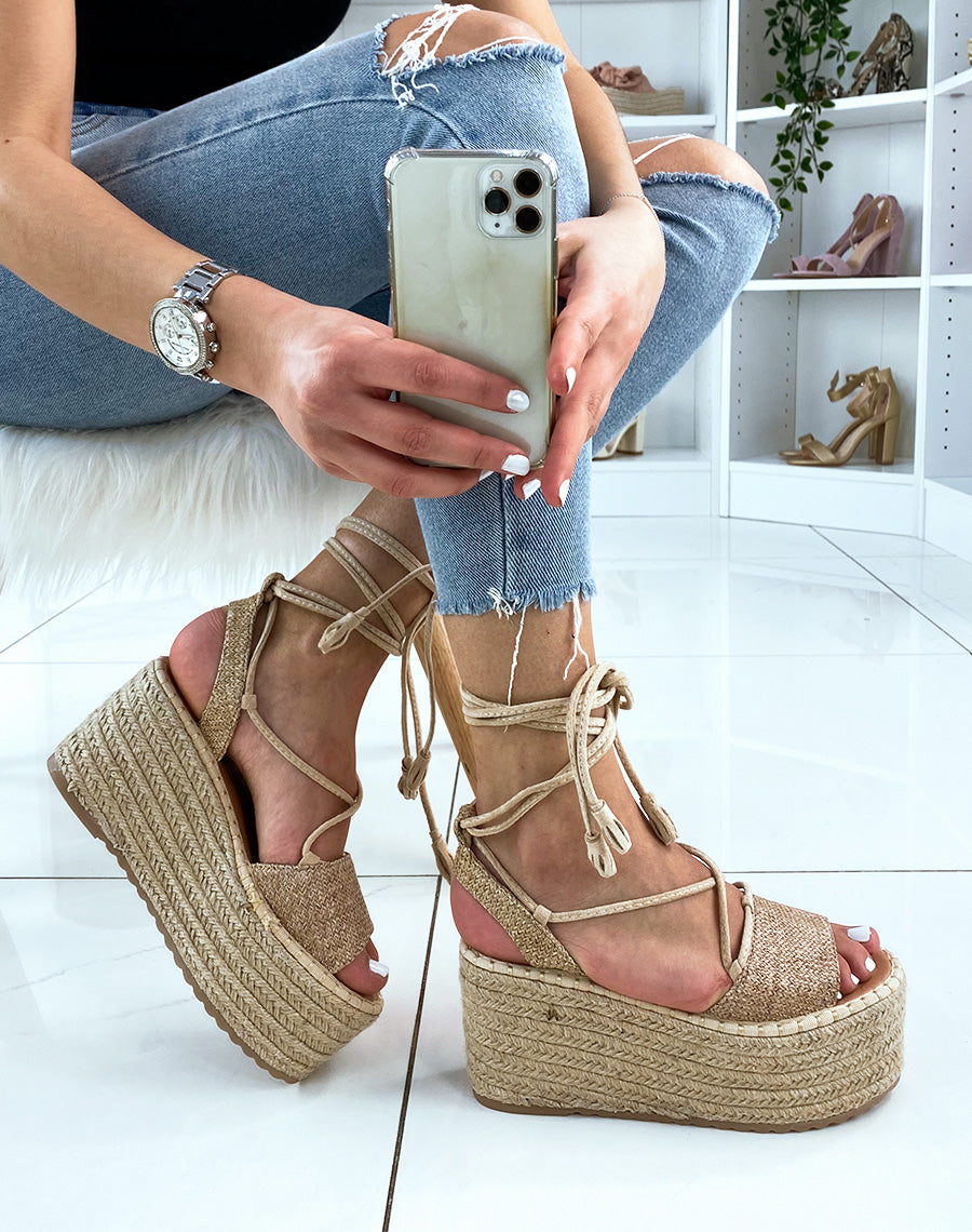 Compensées en toile de jute à longue lanière