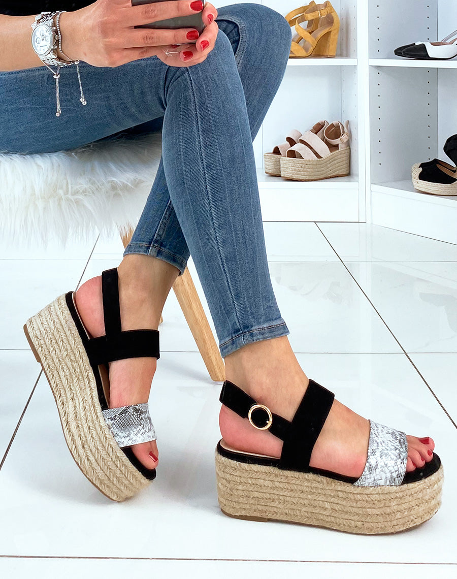 Compensées noires avec lanières impression serpent