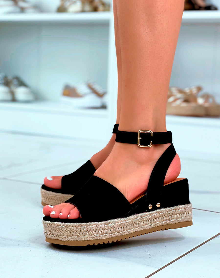 Compensées noires en suédine et jute