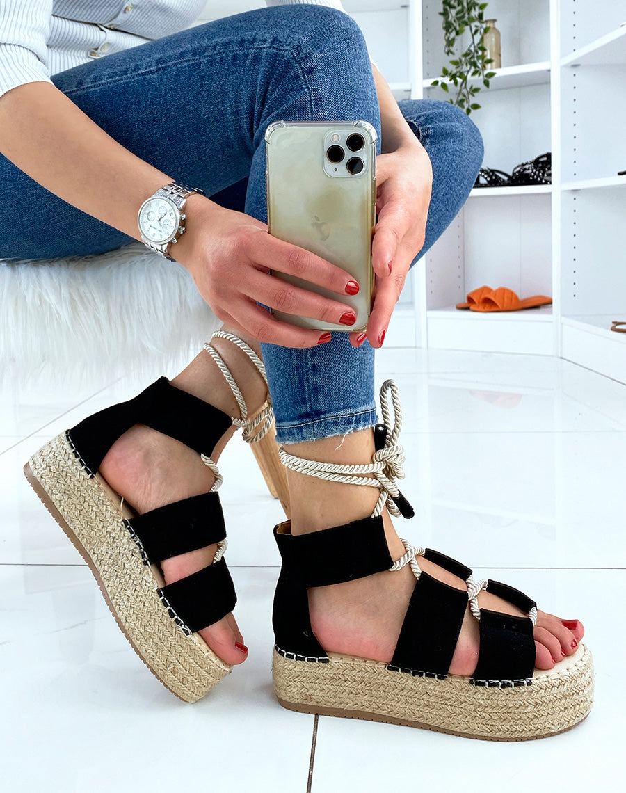 Compensées noires à lacet et semelle en toile de jute