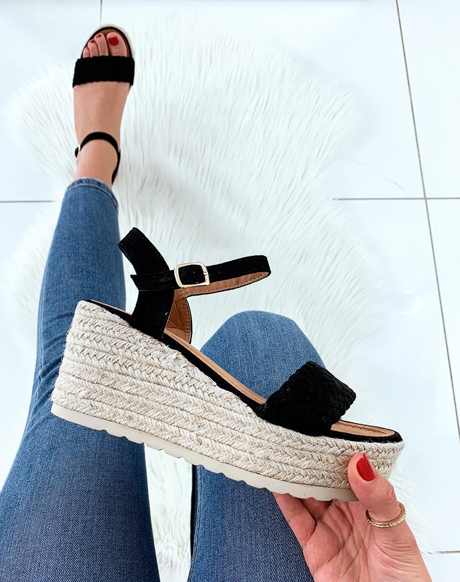 Compensées noires suédines talon tressé