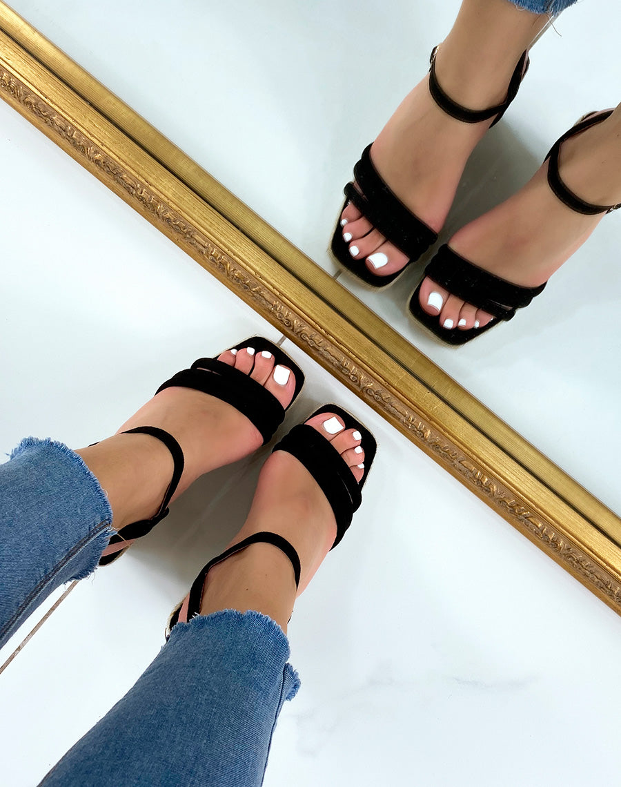 Compensées noires à triple brides et talon carré