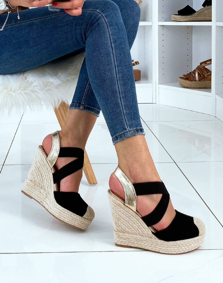 Compensés en suédine noirs à brides entrecroisées