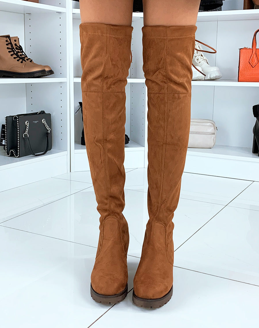 Cuissardes en suédine camel à talon