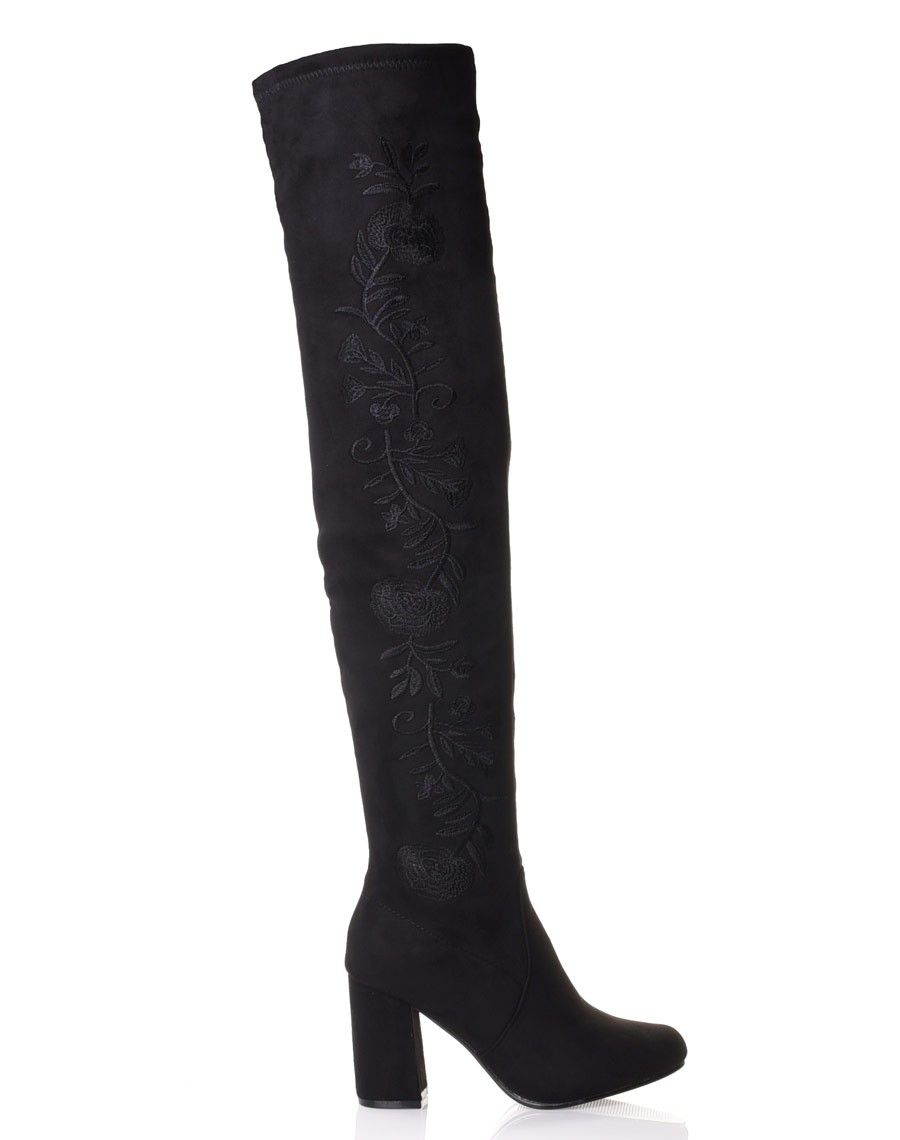 Cuissardes noires brodées à talons hauts