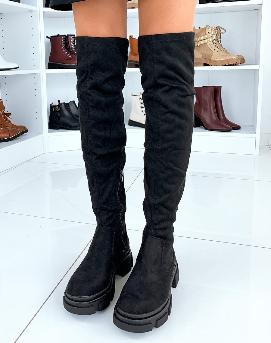 Cuissardes noires en suédine à plateforme épaisse