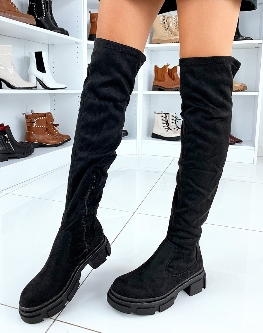 Cuissardes noires en suédine à plateforme épaisse