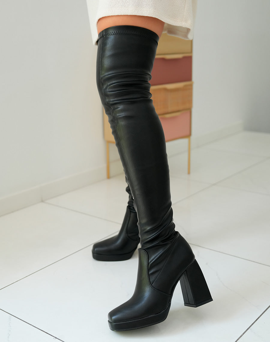 Cuissardes Noires à Talon Haut Épais pour Femme