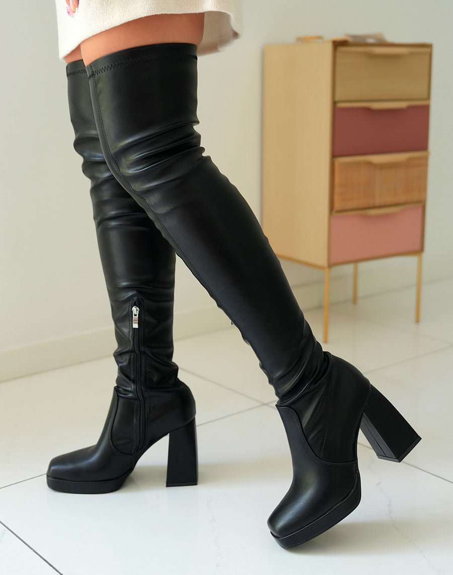Cuissardes Noires à Talon Haut Épais pour Femme