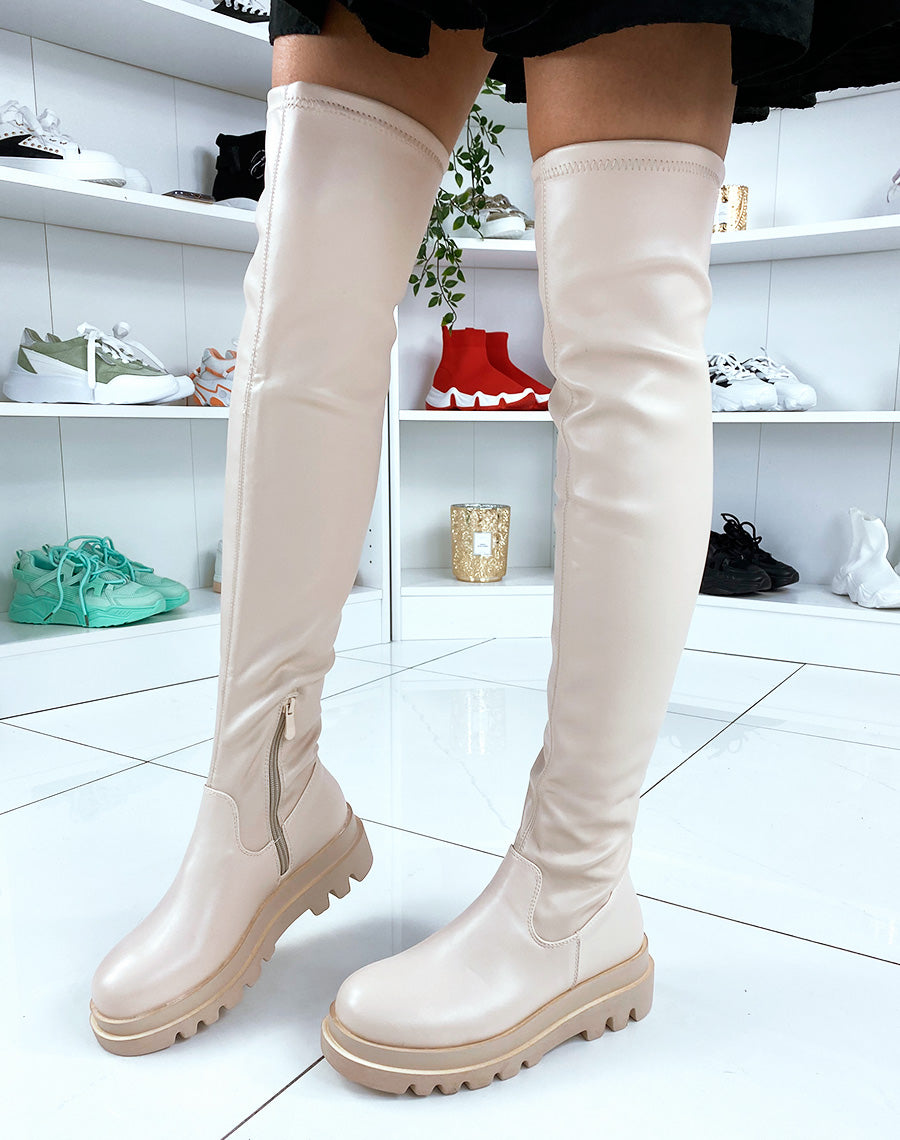 Cuissardes plates beiges à plateforme crantée