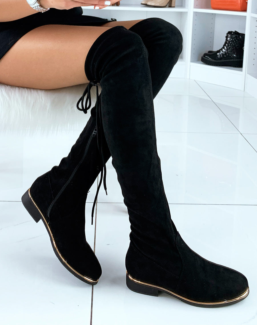 Cuissardes plates en suédine noire à détail doré