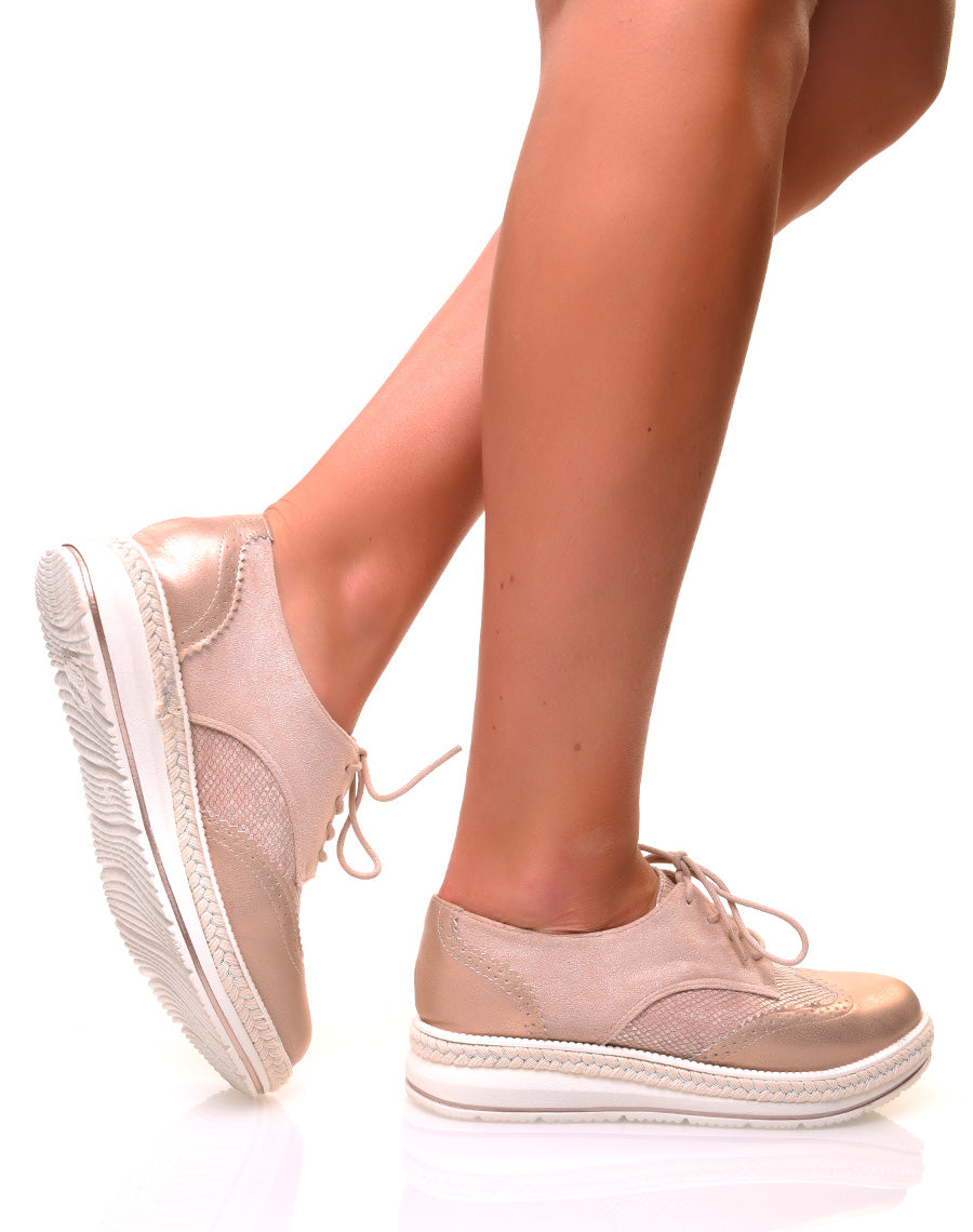 Derbies bi-matières champagne à semelles compensées décorées