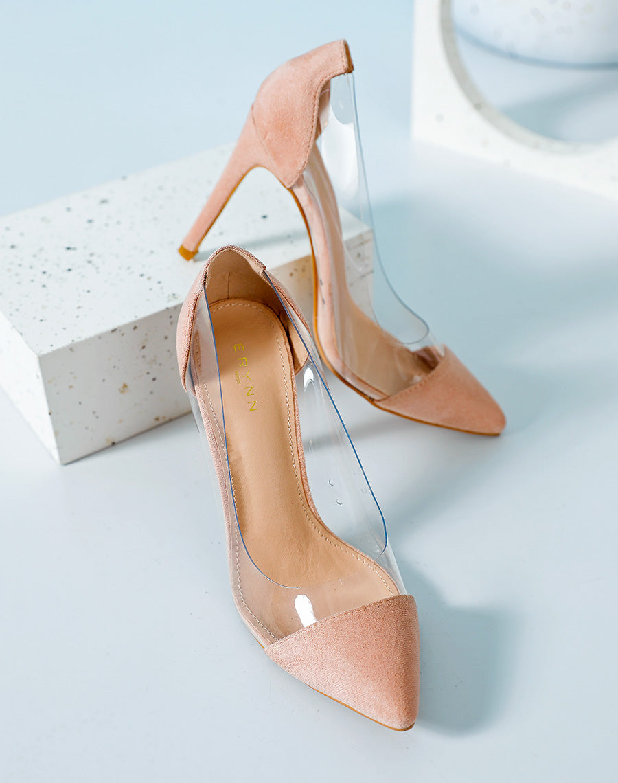 Escarpin à empiècements en suédine rose clair et transparents