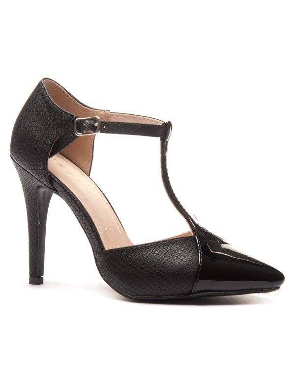Escarpin noir salomé bi matière et bout pointu 