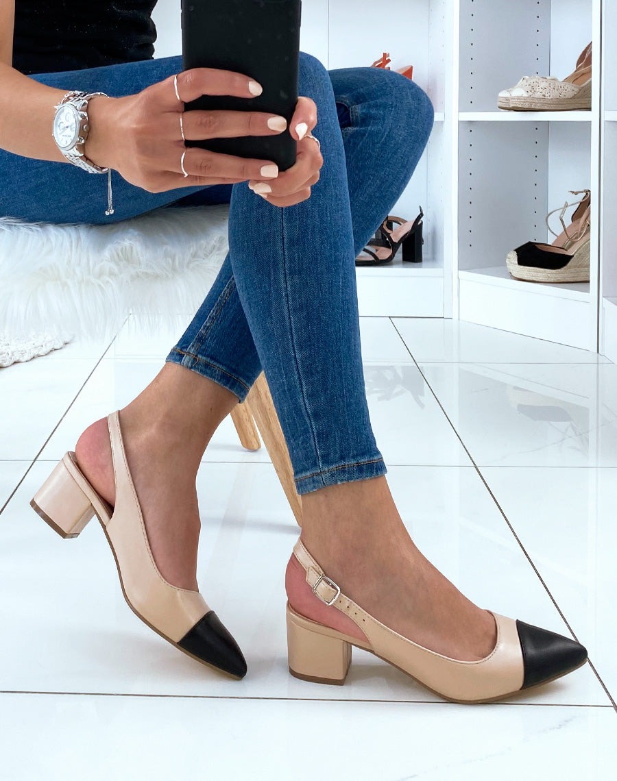 Escarpins beige bicolores à brides