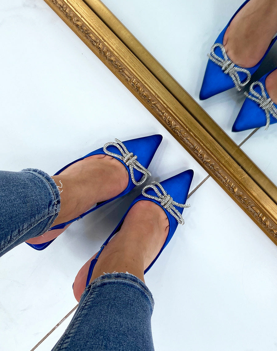 Escarpins bleues à noeud avec strass et talon fin