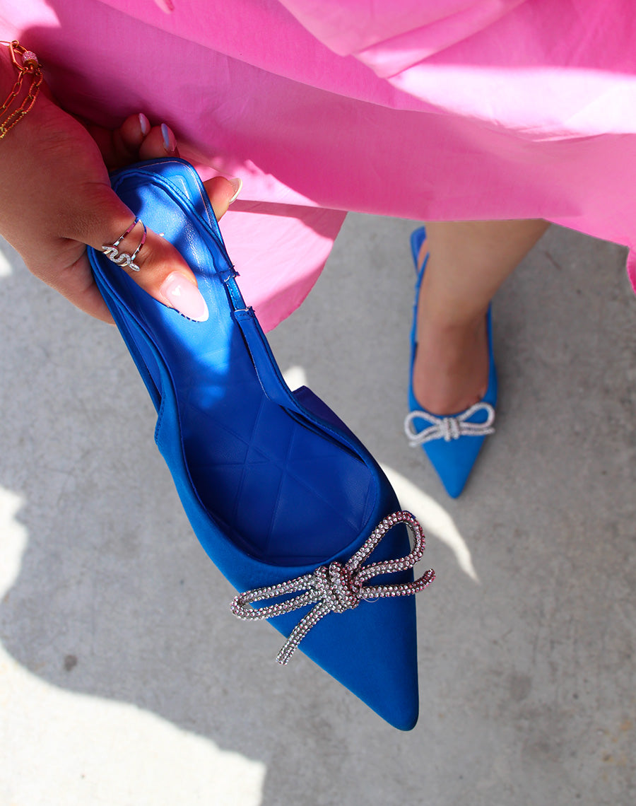 Escarpins bleues à noeud avec strass et talon fin