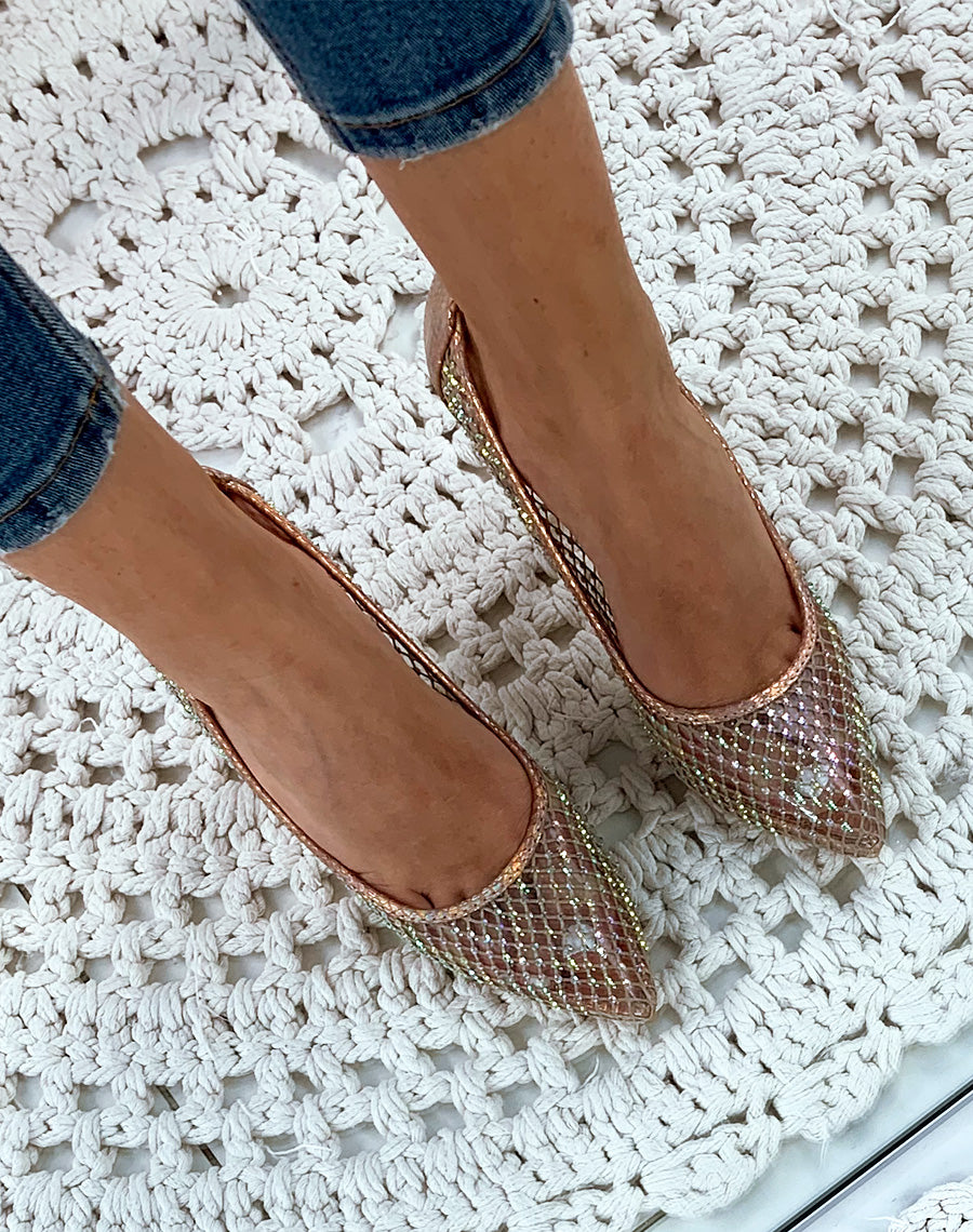 Escarpins champagne résille à strass