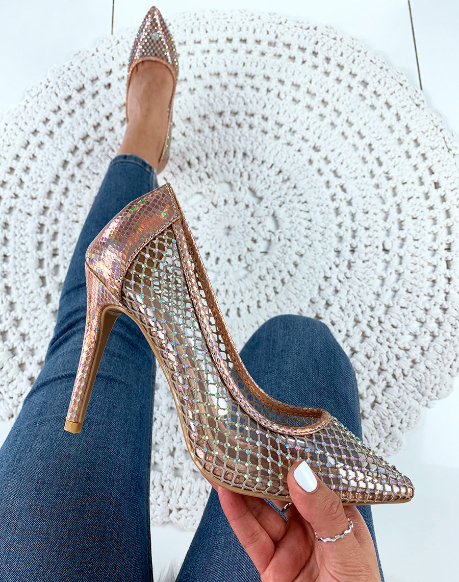 Escarpins champagne résille à strass
