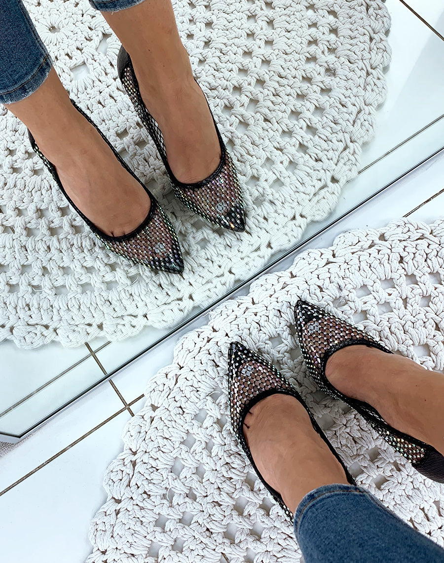 Escarpins noires résille à strass