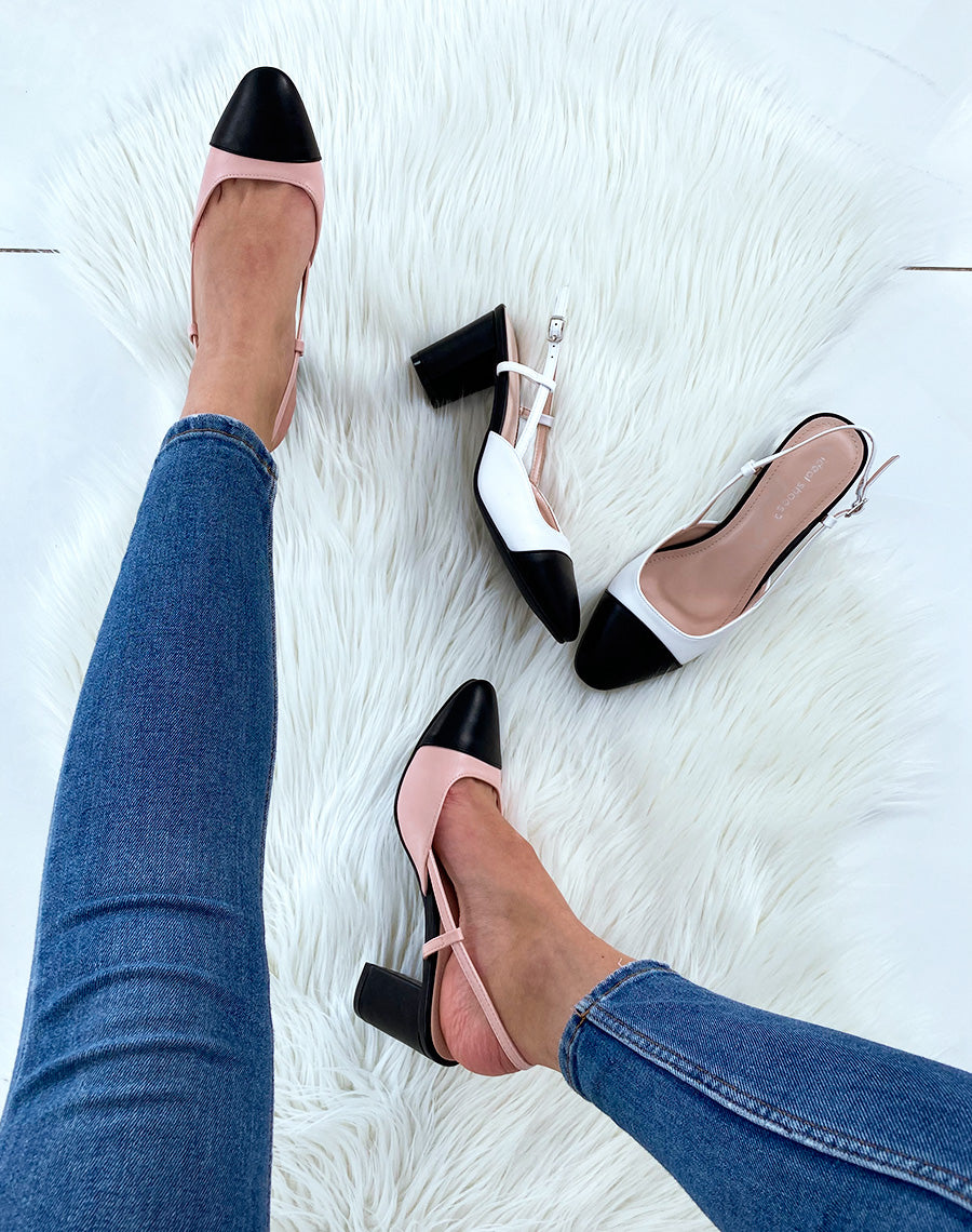 Escarpins noirs et roses à bout rond et à petit talon