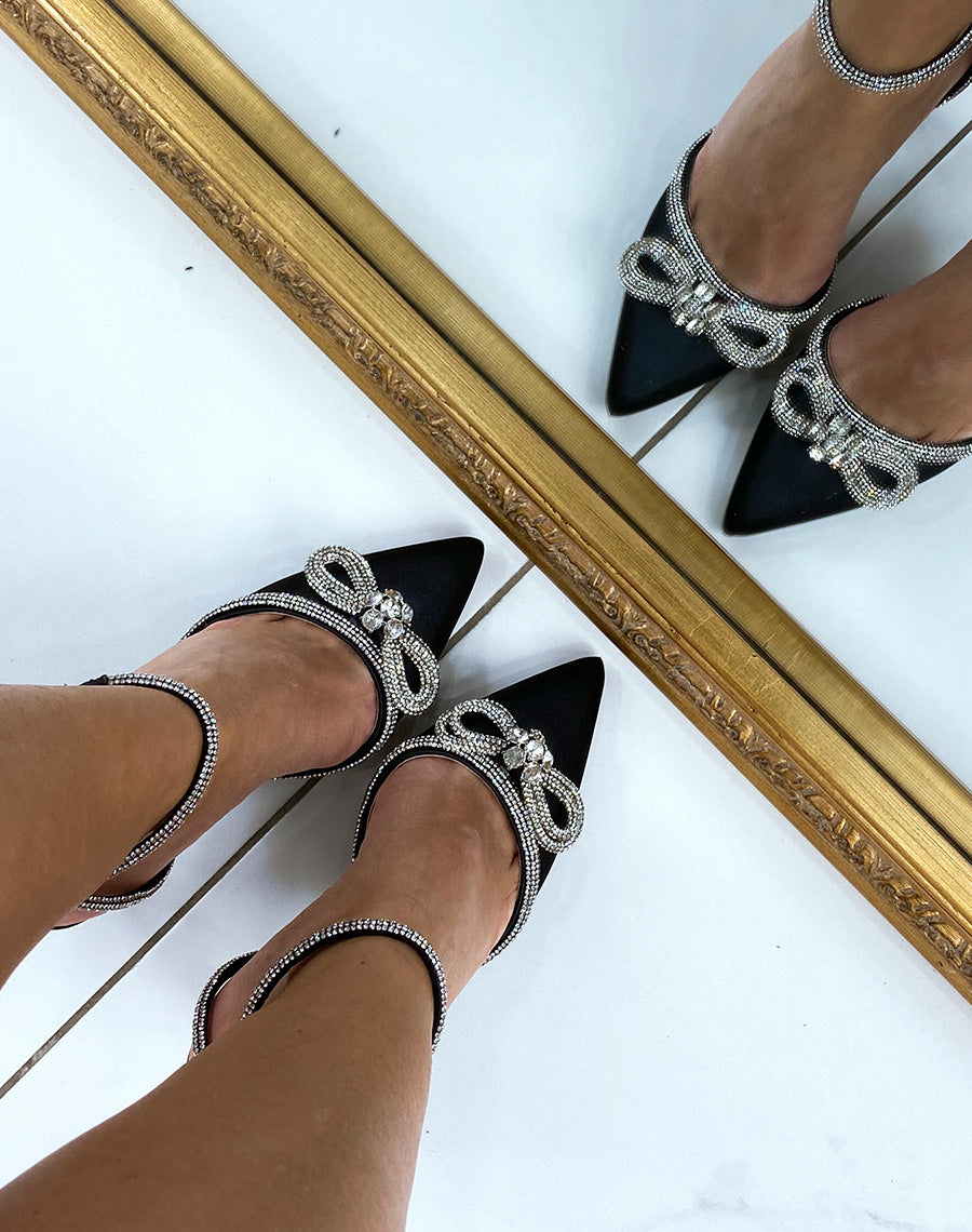 Escarpins noirs ouverts noir à détails strassés
