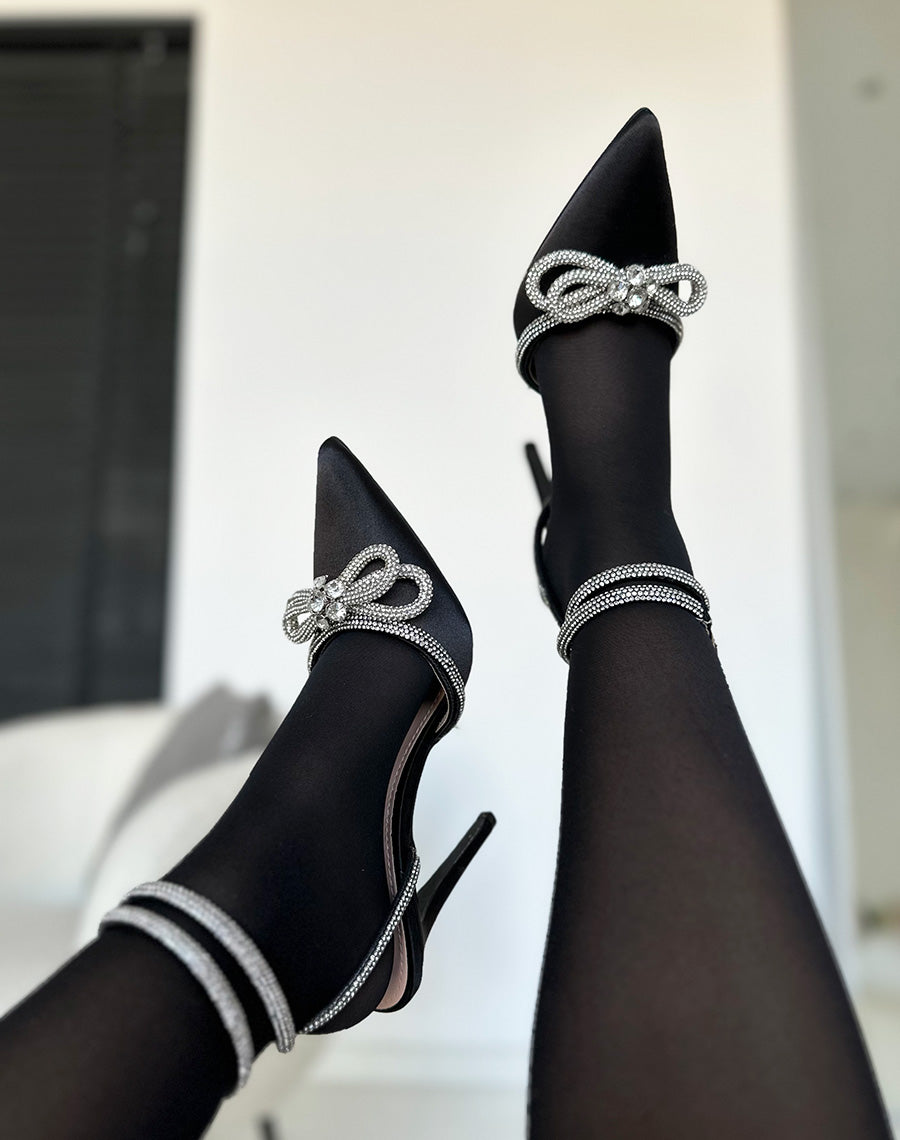 Escarpins noirs ouverts noir à détails strassés et double lanière