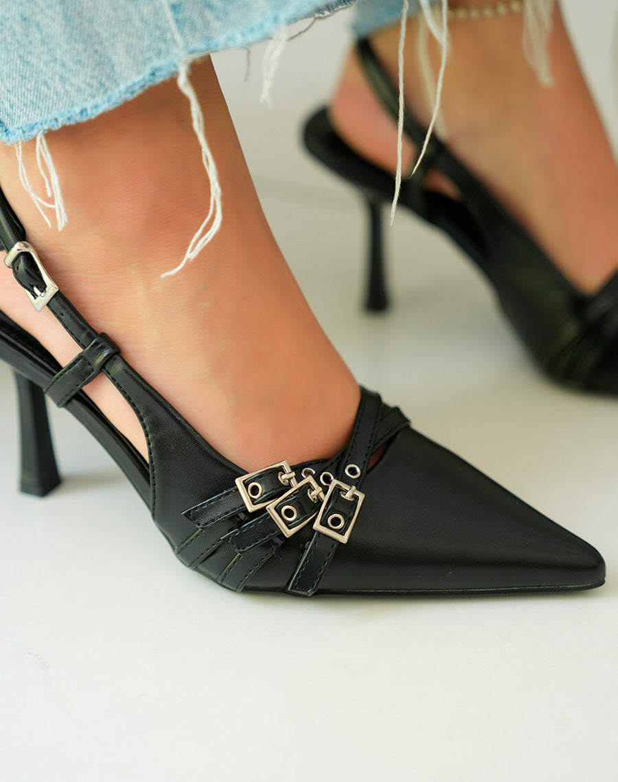 Escarpins Noirs à Triple Lanières et Bout Pointu