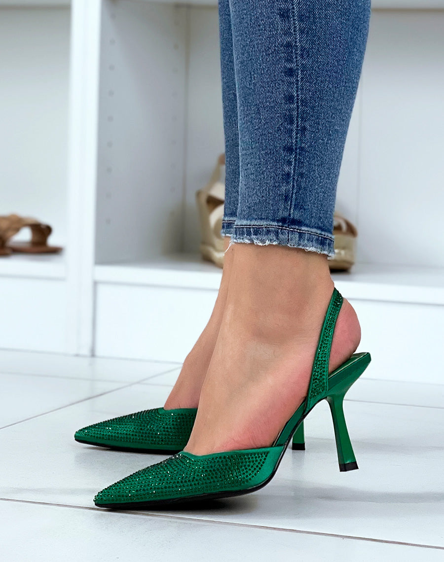 Escarpins ouverts verts à strass