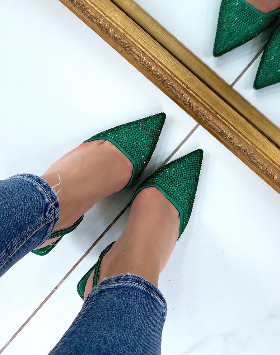 Escarpins ouverts verts à strass